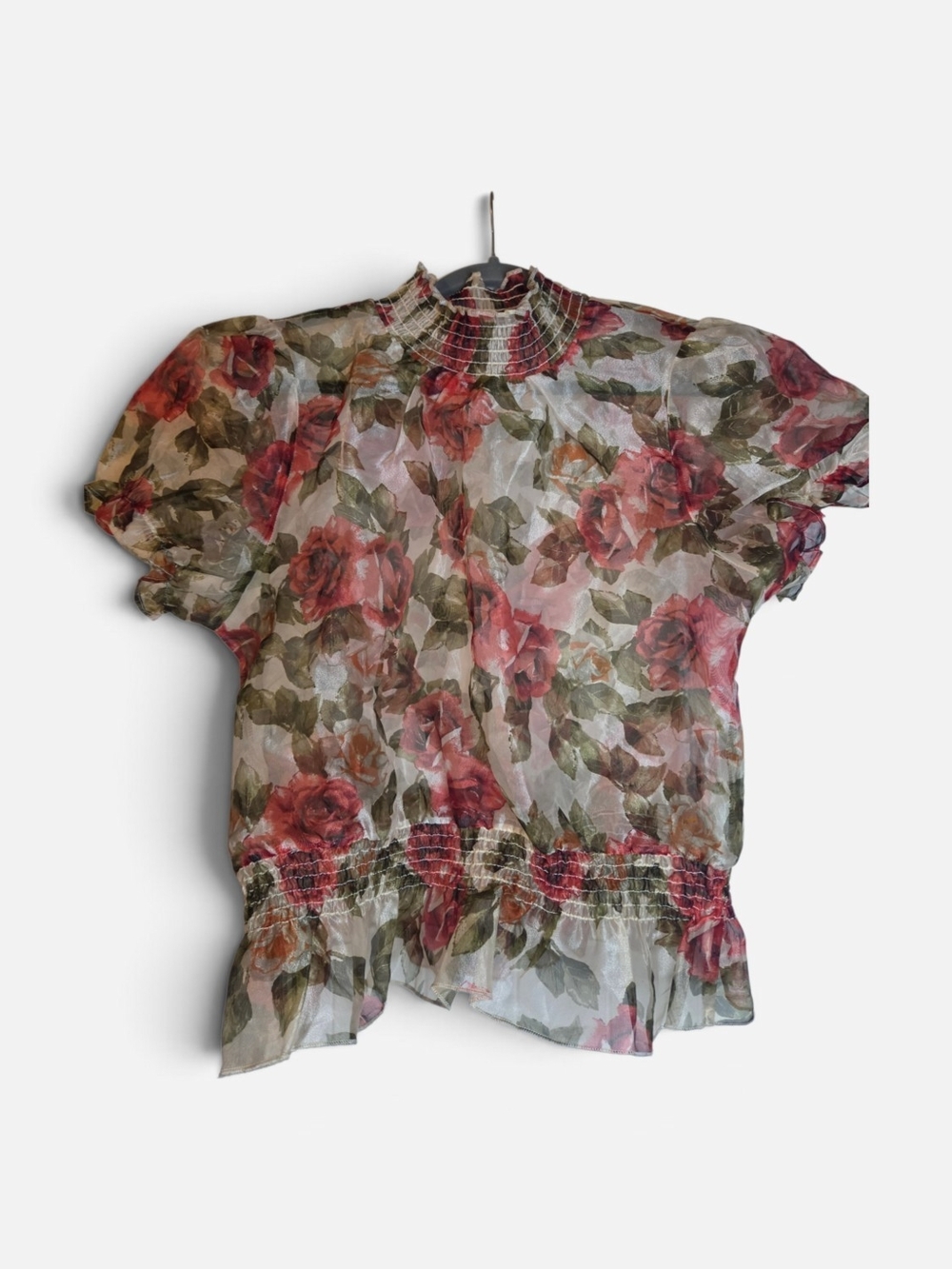 Live 4 Truth Sheer Rose-Print Smocked Blouse in Pink and Green